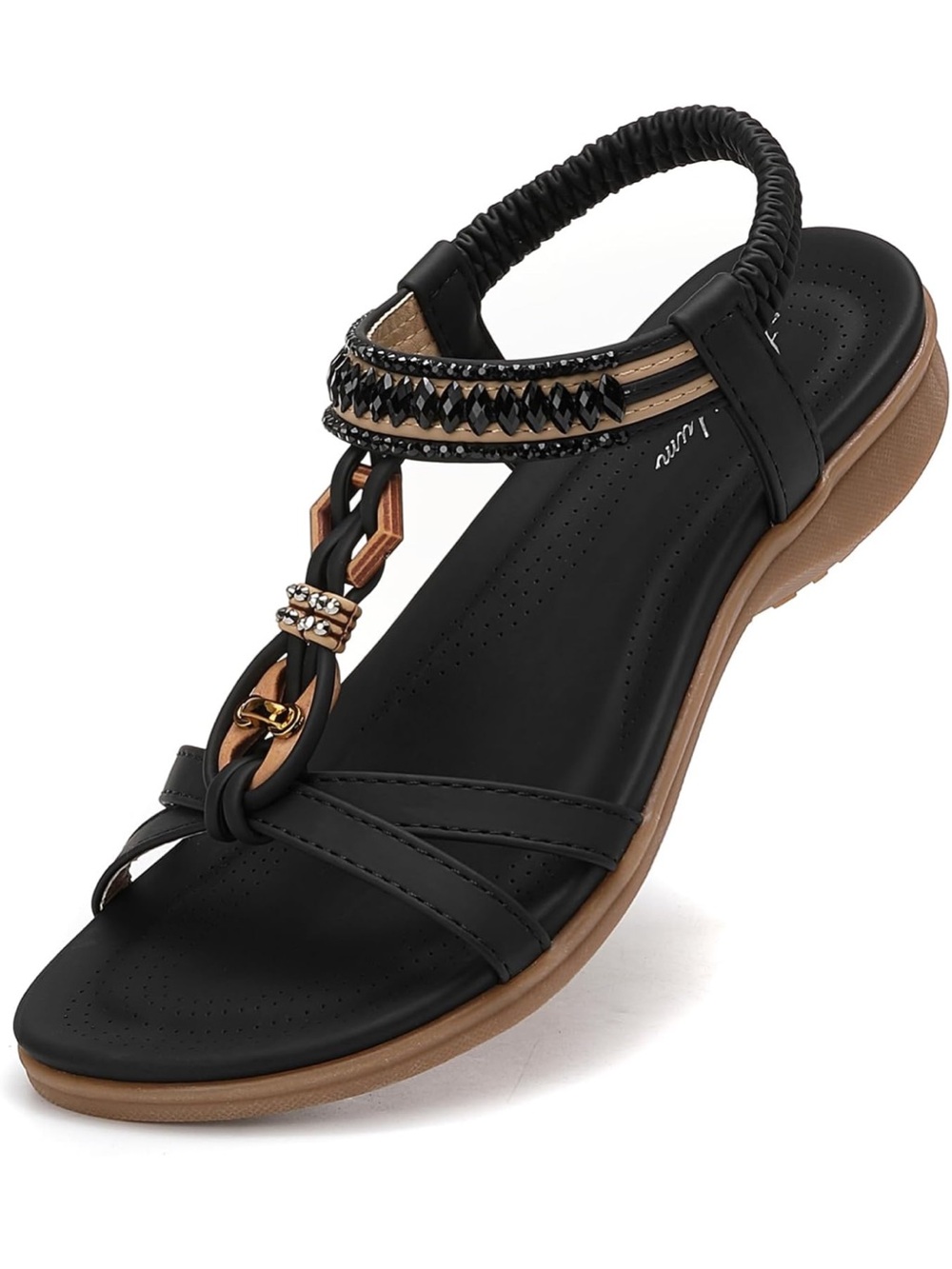 Black Embellished T-Strap Comfort Sandal with Elastic Back New without tags